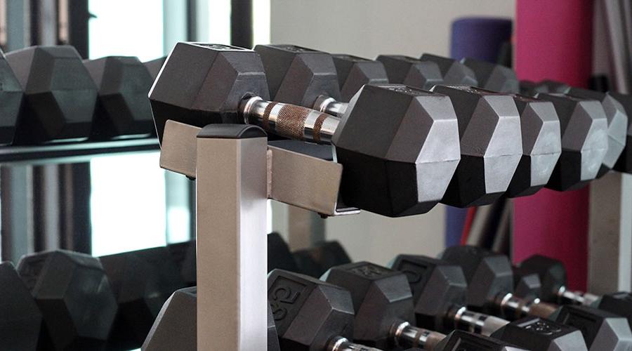 dumbells on a rack